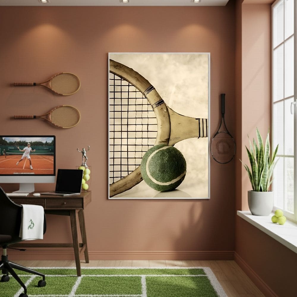 Quadro Decorativo Raquete Bola De Tênis-70x50cm Mold Preta