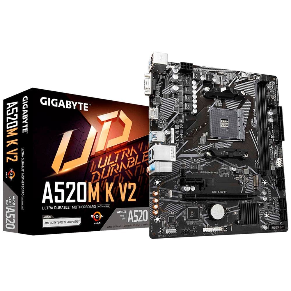 Placa Mãe Gigabyte A520M-K V2, Socket AMD AM4, DDR4, HDMI, USB 3.0, Slot M.2 NVMe, Micro ATX