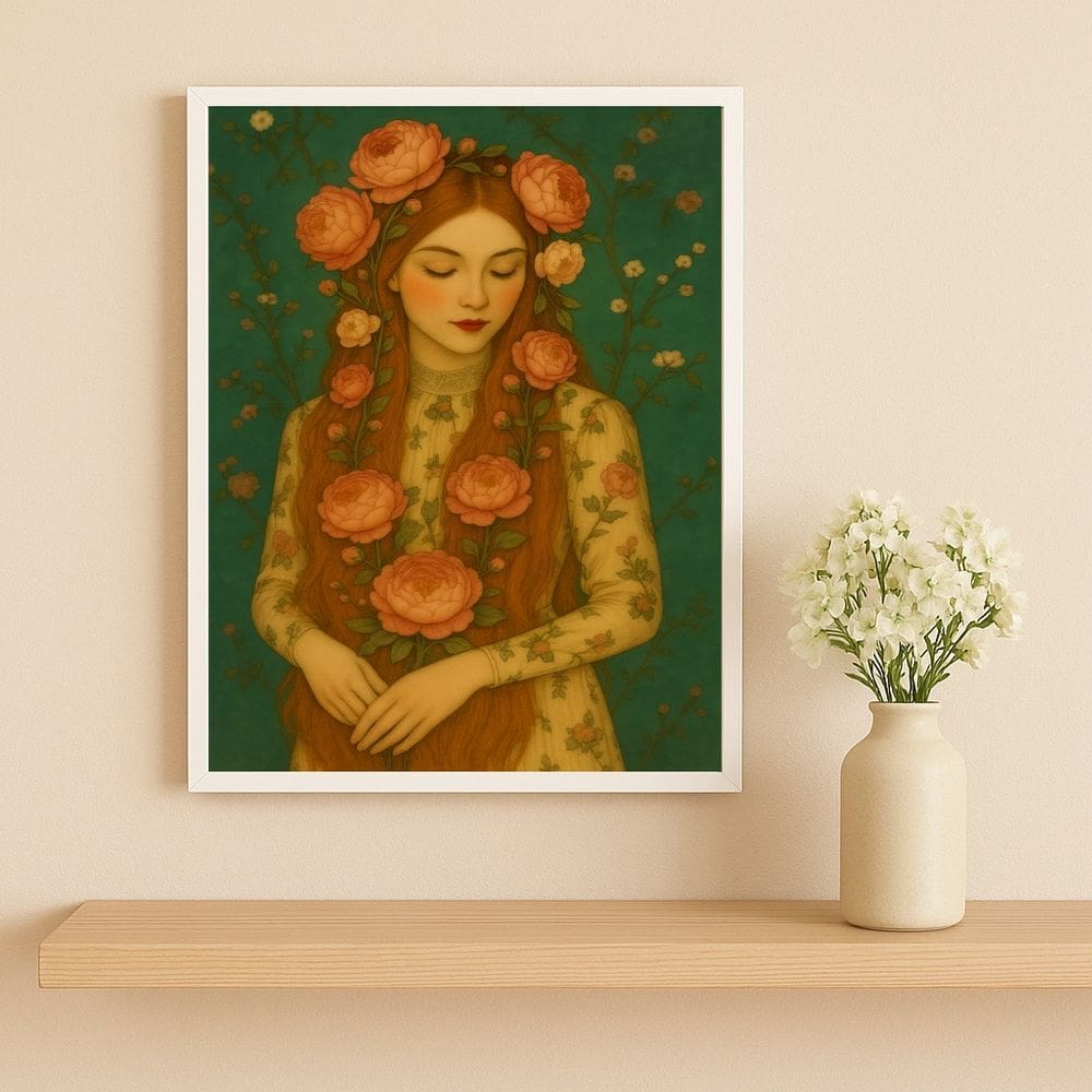 Quadro Mulher Ruiva Com Flores 45x34cm Mold Preta Vidro