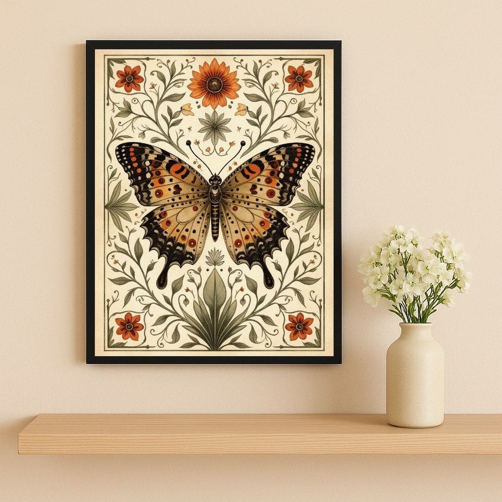 Quadro Borboleta Vintage Folk Art 33x24cm Mold Preta