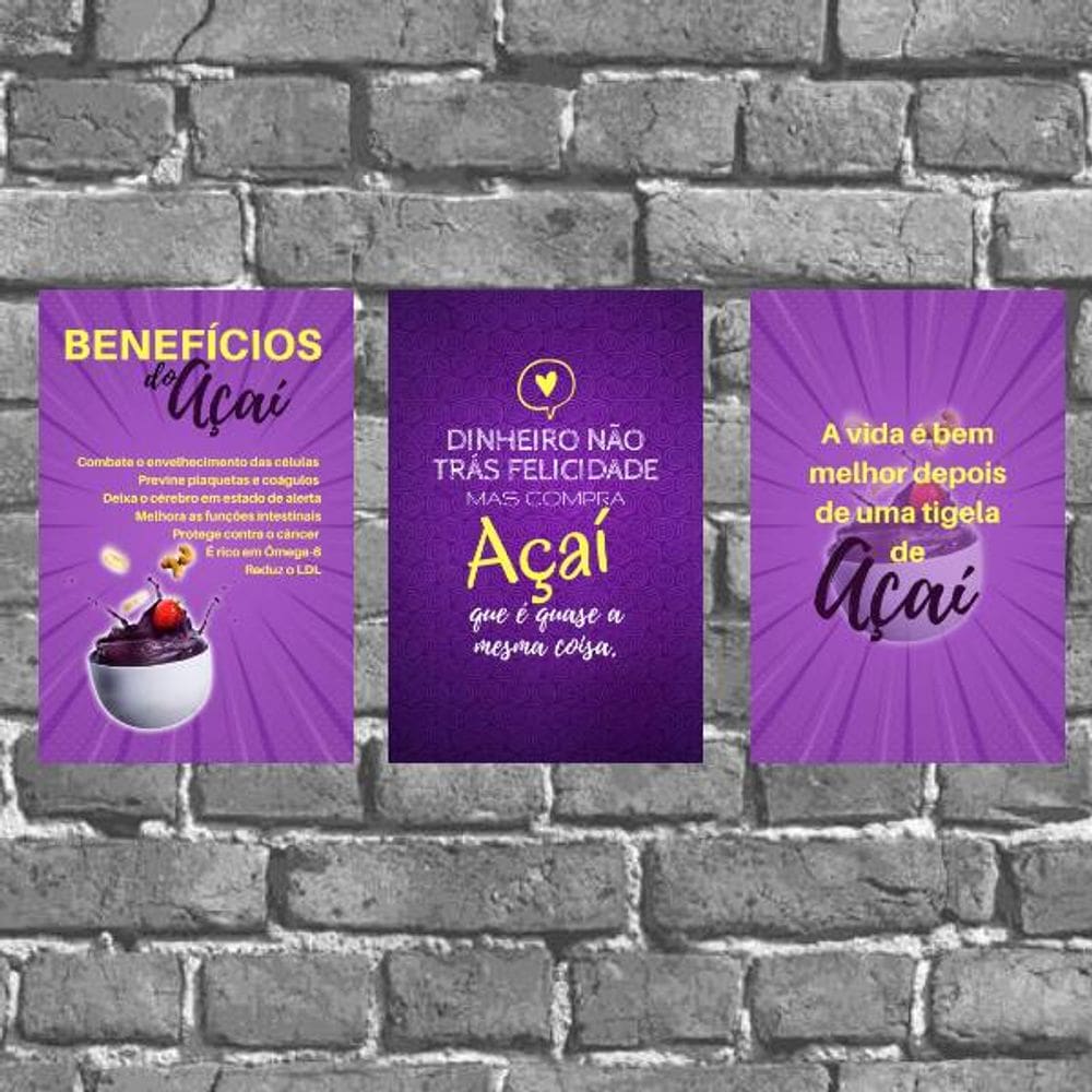 Kit 3 Placas De Parede Açaí 18x27cm
