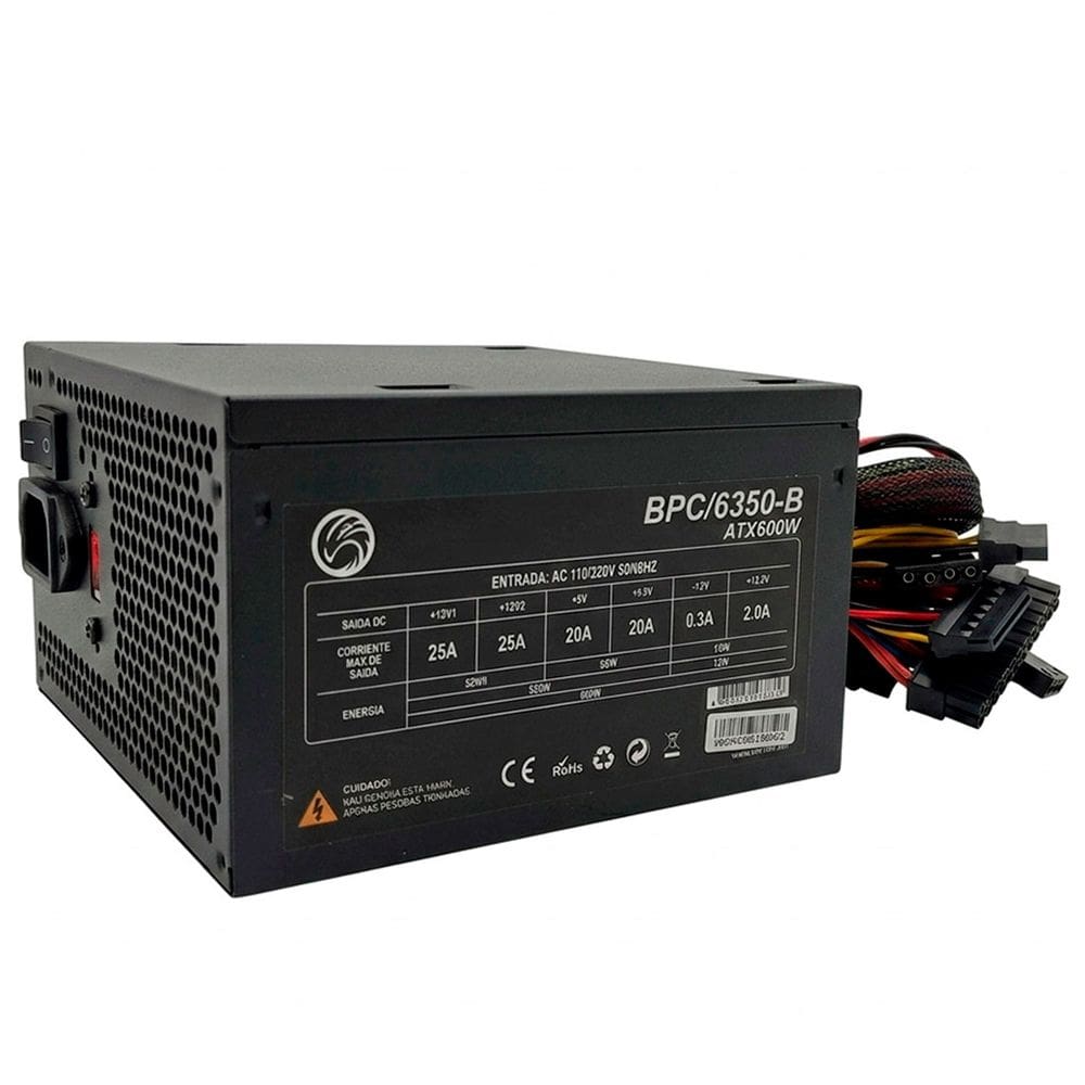 Fonte Brazil PC 600W Real, Bivolt, Com Cabo de Energia, Cooler 120mm - BPC-6350-B