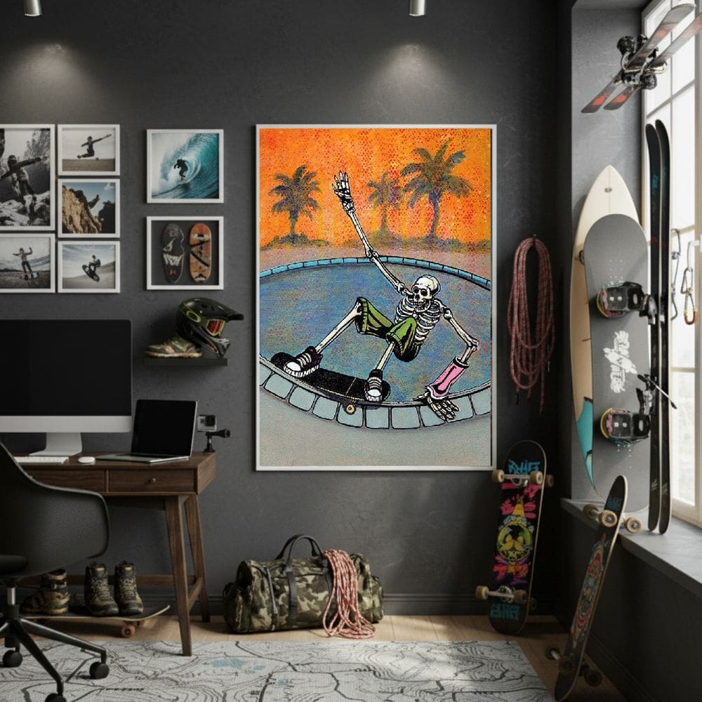 Quadro Decorativo Esqueleto Skatista-70x50cm Mold Branca