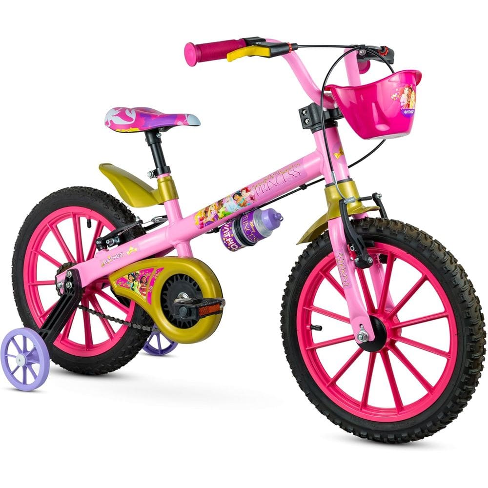 Bicicleta Infantil Princesas Disney Aro 16 com Cestinha, Rodinhas e Selim Ajustável