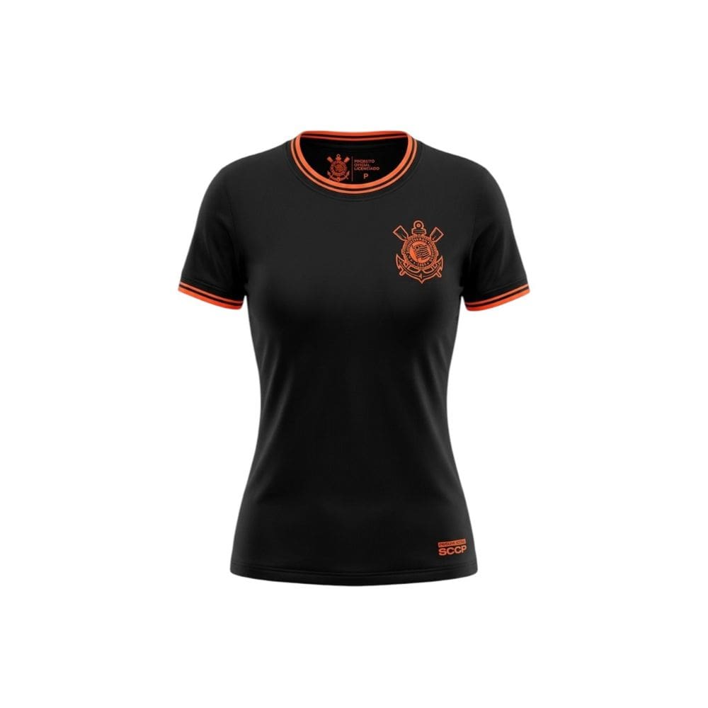 Camiseta Feminina Corinthians Preta Laranja Oficial