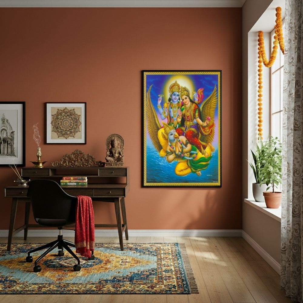 Quadro O Deus Hindu Vixnu e A Deusa Laxmi Garuda- 70x50cm