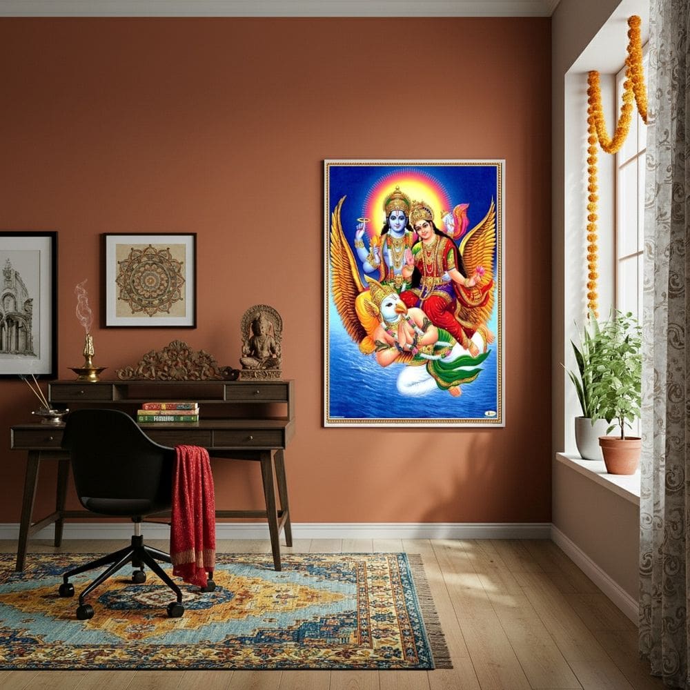 Quadro Deus Hindu Vishnu e A Deusa Lakshmi Garuda - 70x50cm