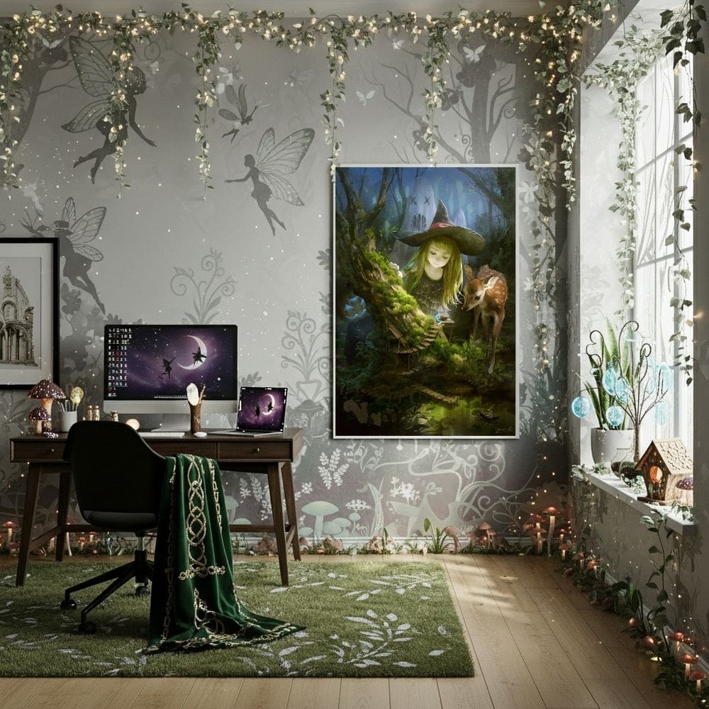 Quadro Decorativo Bruxinha na Floresta Encantada - 70x50cm