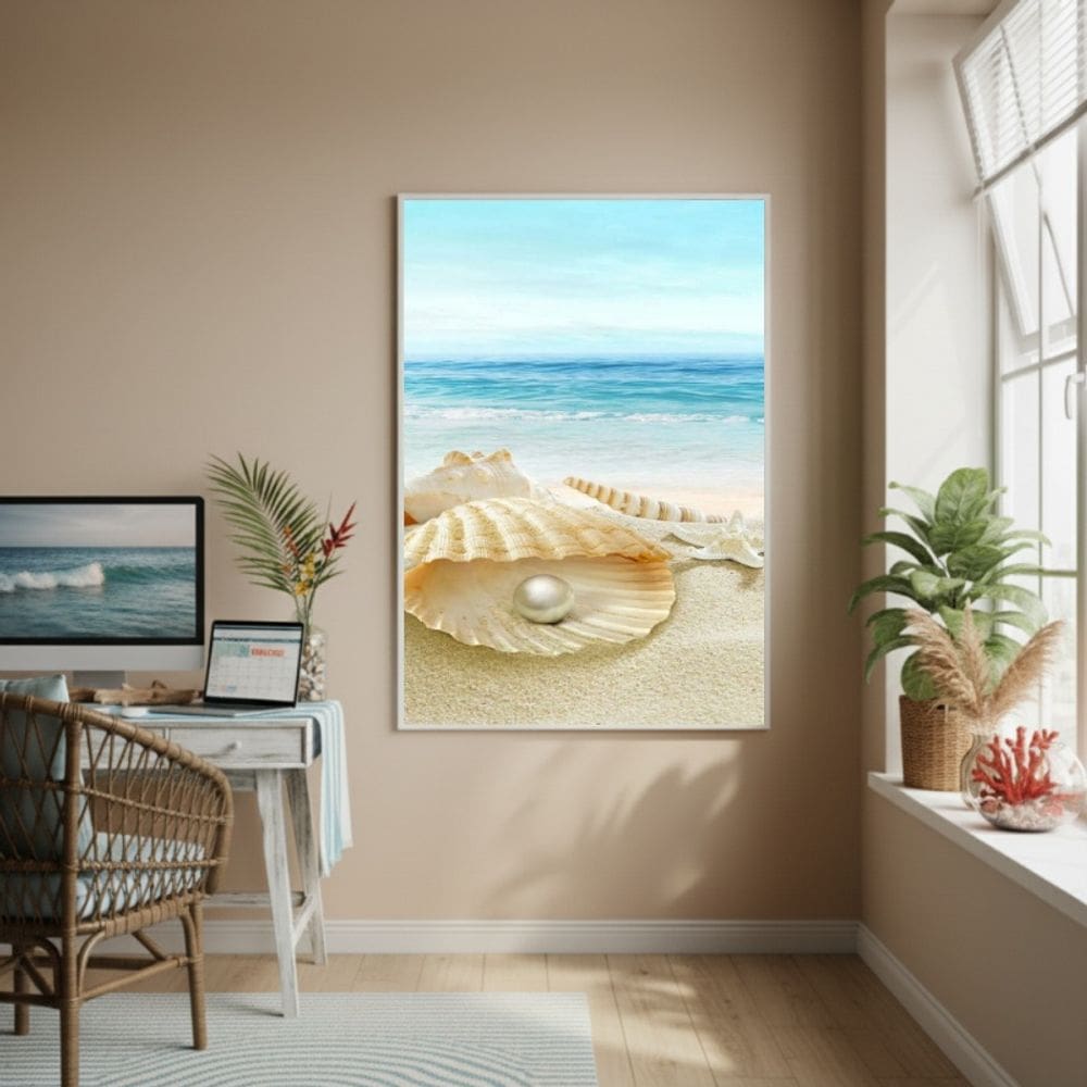 Quadro Decorativo Concha Com Pérola Na Praia-70x50cm