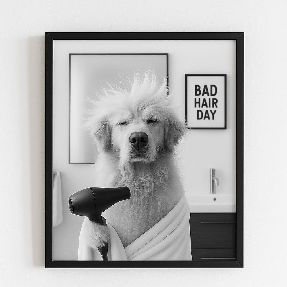Quadro Banheiro Golden Retriever - Bad Day Hair 33x24cm