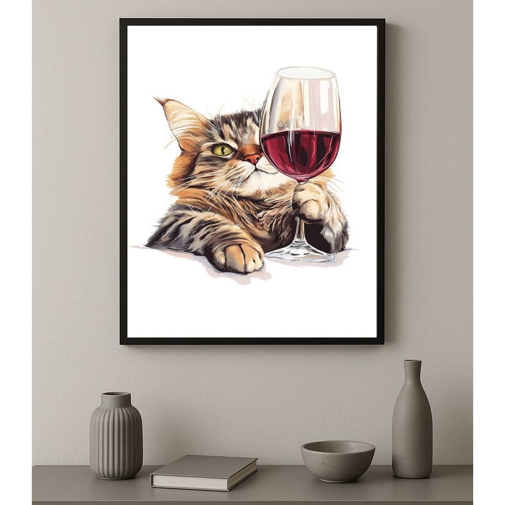 Quadro Decorativo Vinho - Gato Com Taça 24x18cm - com vidro