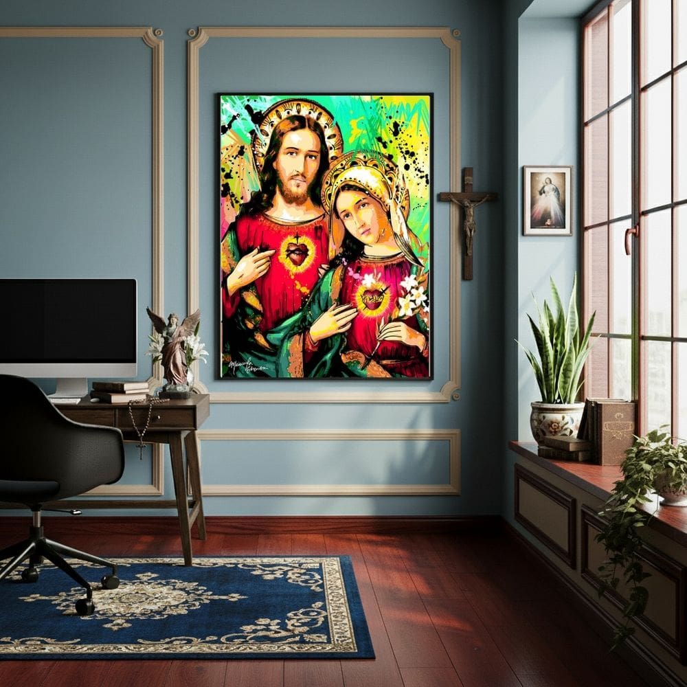 Quadro Arte Jesus Símbolo de Amor e Maria de Pureza-70x50cm