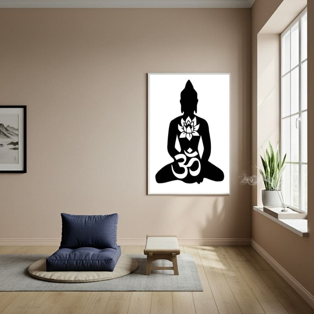 Quadro Silhueta Buda - Flor de Lótus e Símbolo Om - 70x50cm