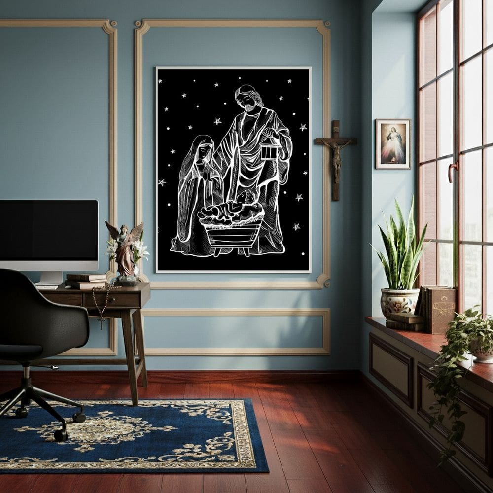 Quadro Jesus, Maria e José - Noite Estrelada - 70x50cm