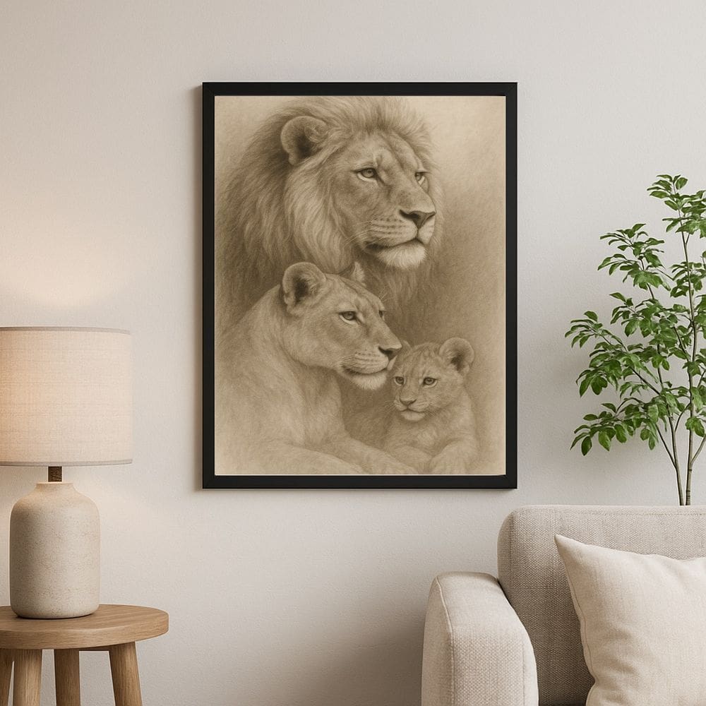 Quadro Artístico Família De Leões Bege - 1 Filhote 45x34cm