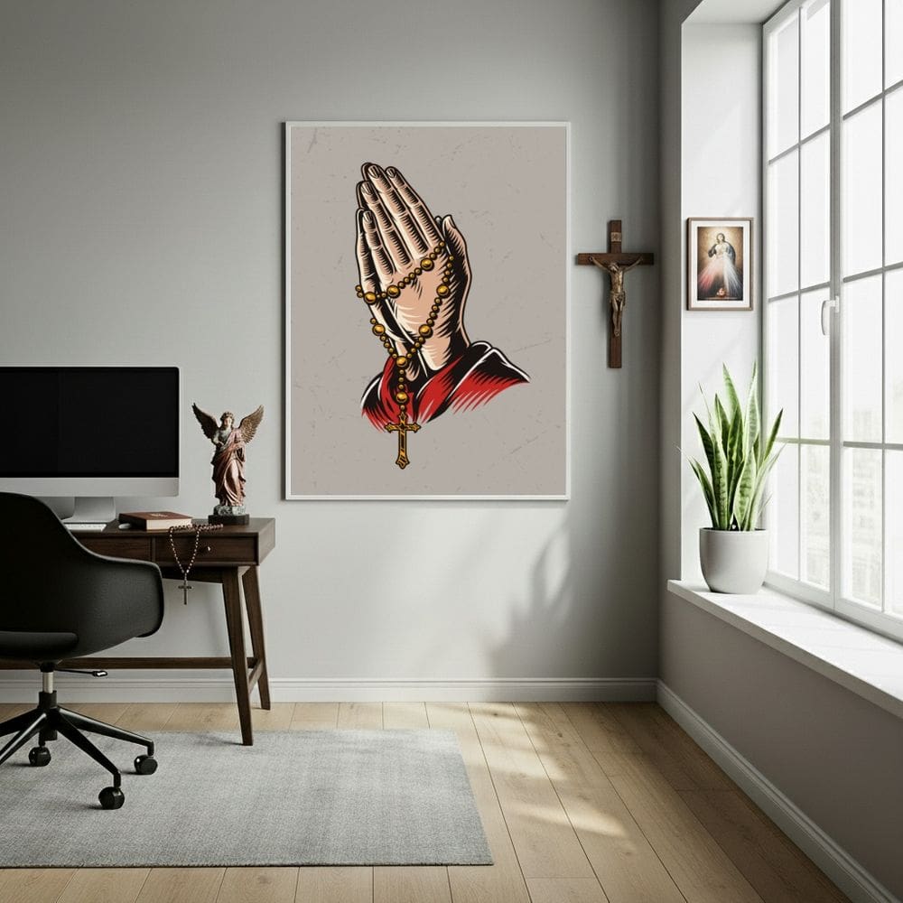 Quadro Decorativo Mãos Com Terço  - 70x50cm