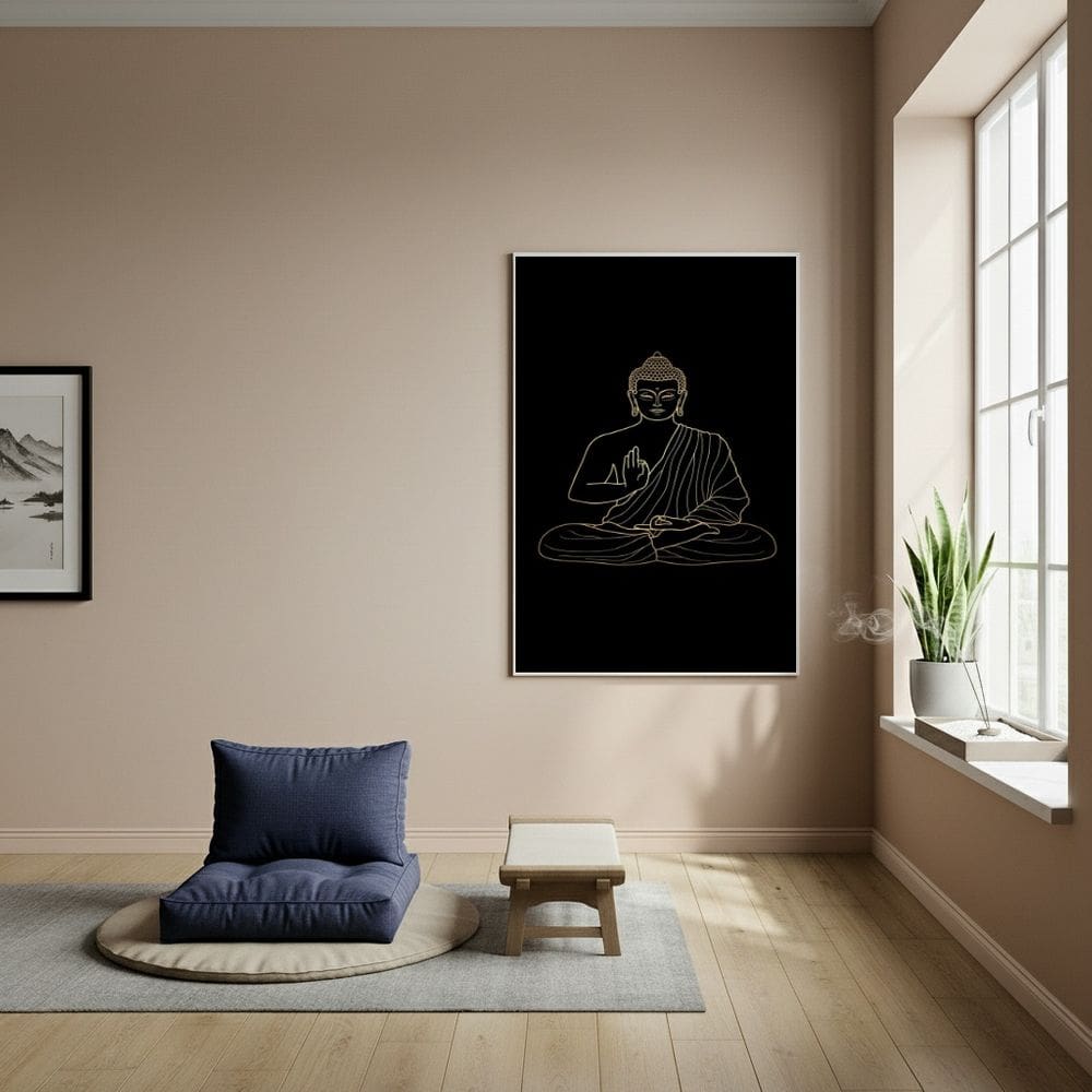 Quadro Buda Símbolo de Calma E Paz Fundo Preto - 70x50cm