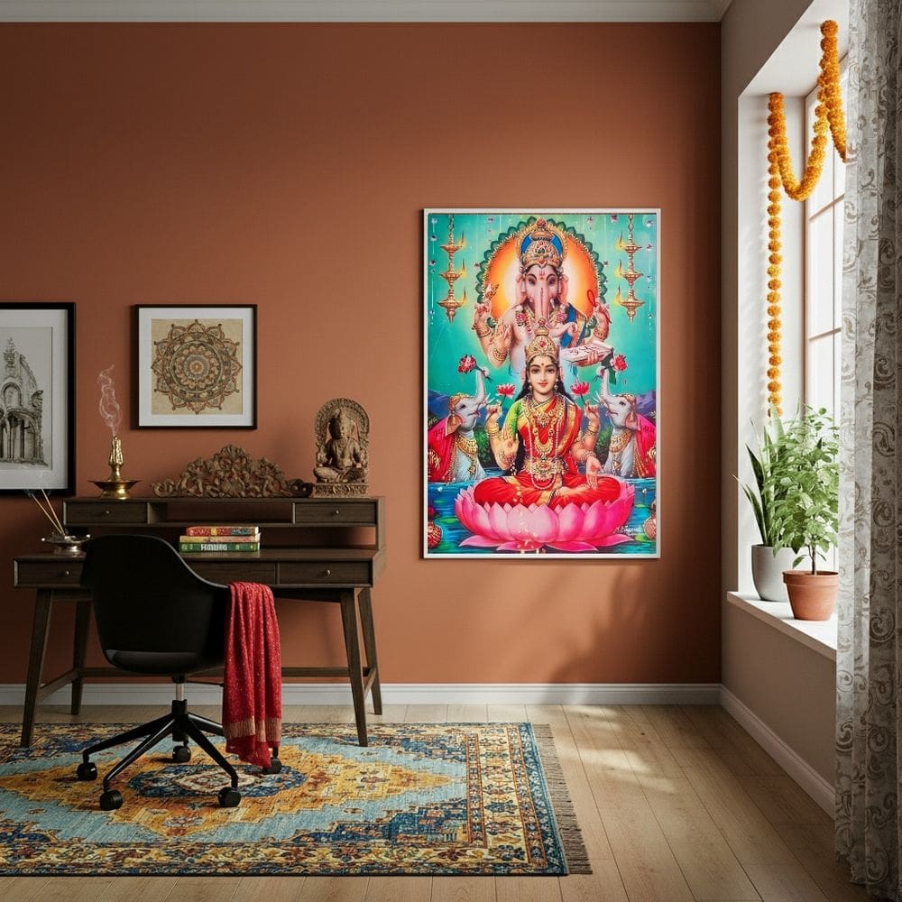Quadro Deusa Hindu Lakshmi e O Deus Ganesha - 70x50cm