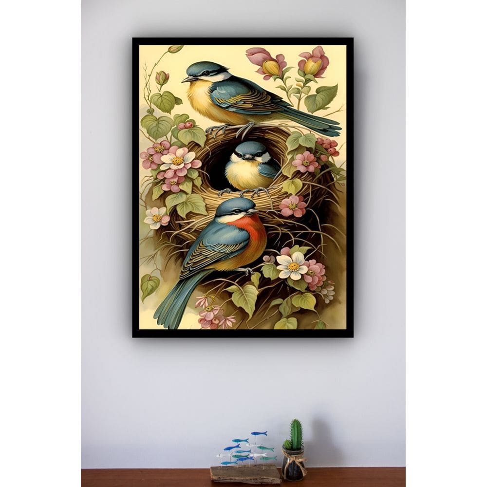 Quadro Decorativo Pássaros Ninho Trio Flores  - 70x50cm