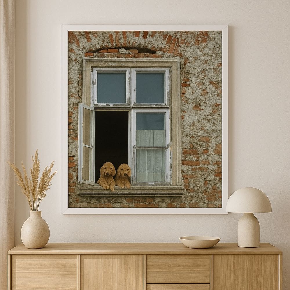 Quadro Decoração Rústica Cães Cocker Na Janela 45x34cm - com vidro