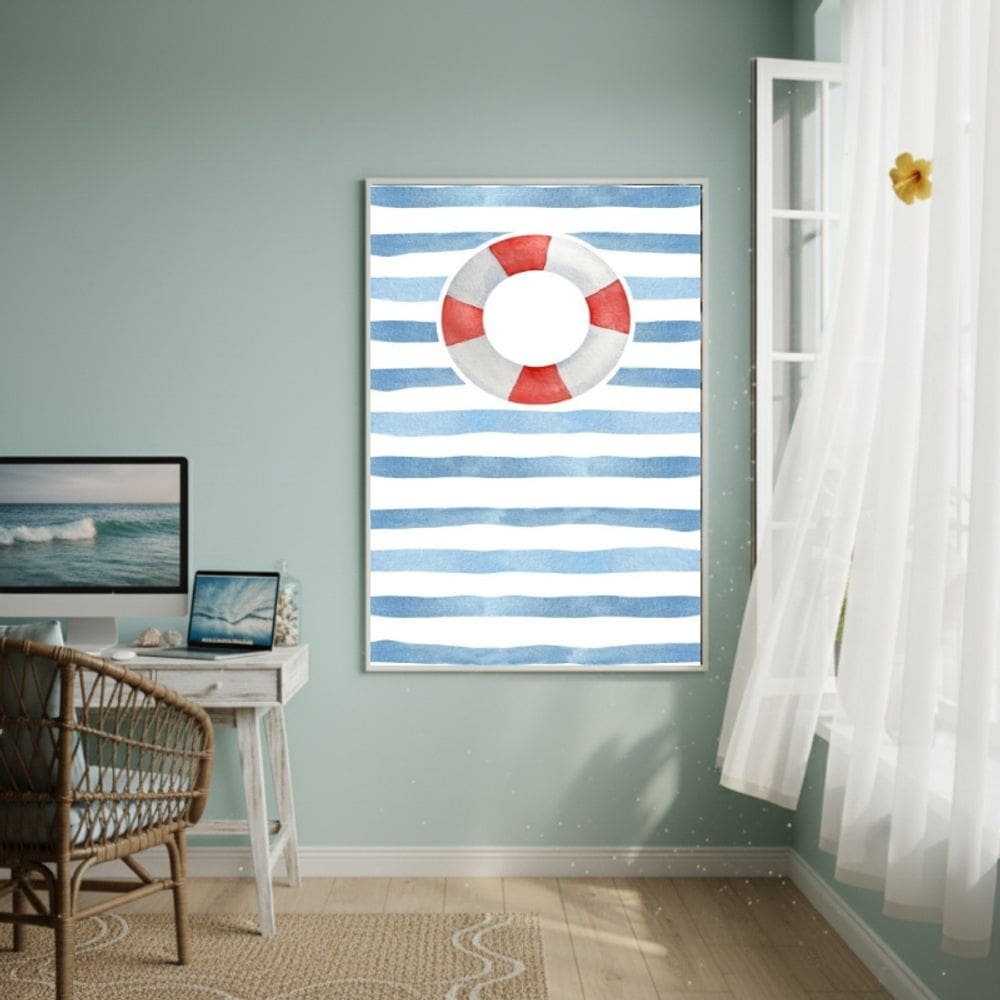 Quadro Decorativo Boia SalvaVidas Fundo Listrado-70x50cm