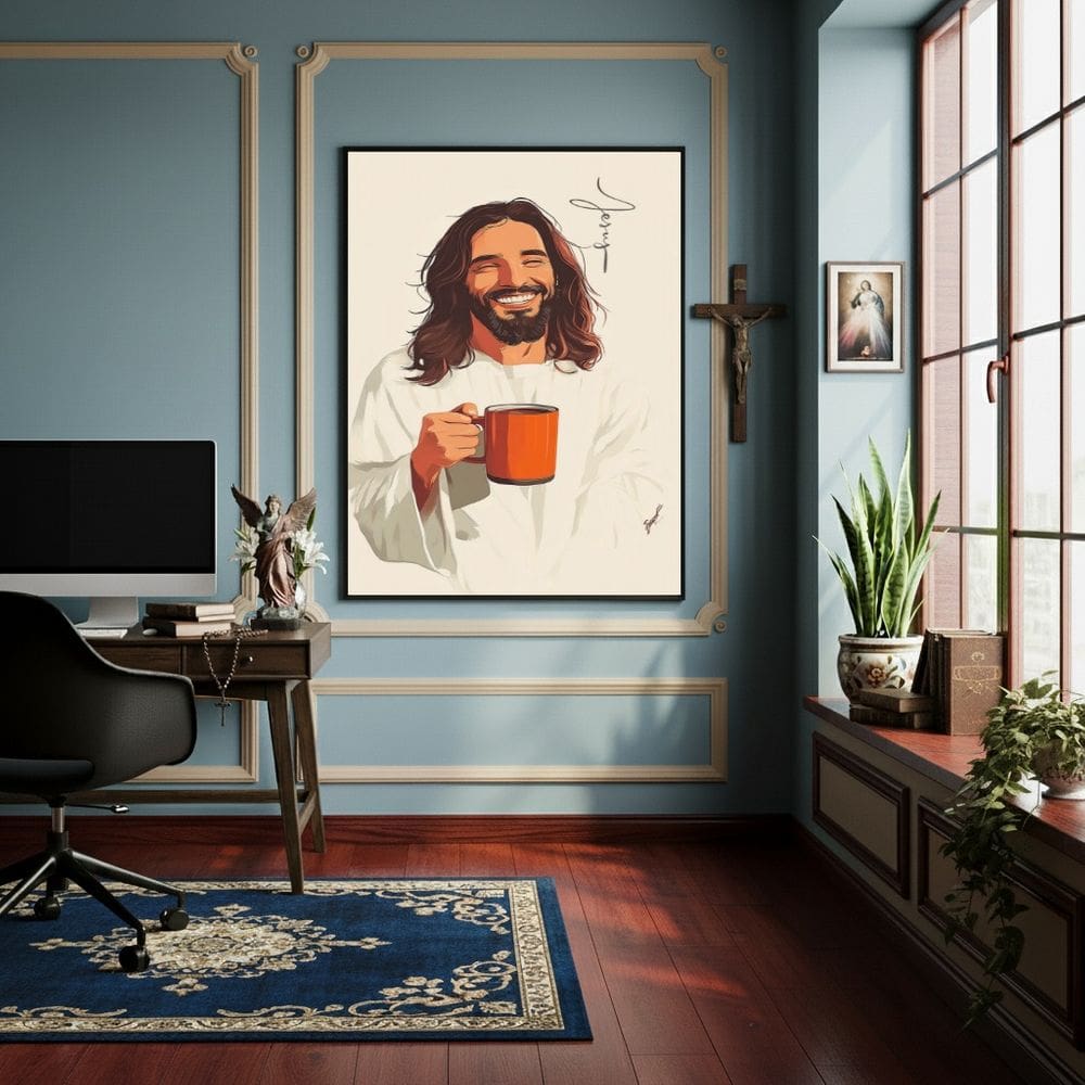 Quadro Jesus Sorrindo Com Café  - 70x50cm