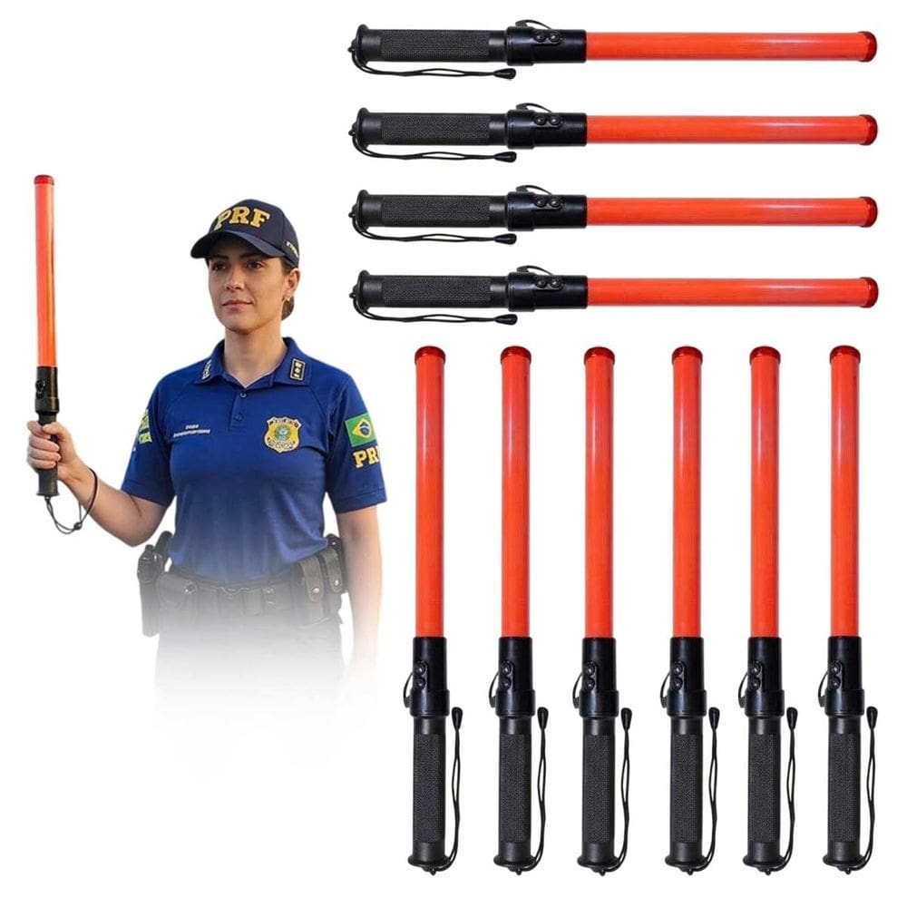 Bastao Sinalizador Viario Kit 10 Uni LED Apito Segurança Alerta Transito Estacionar Guarda Fiscal Obra Emergencia