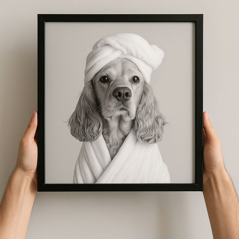 Quadro Divertido Banheiro Cachorrinha Cocker - 33x33cm - com vidro