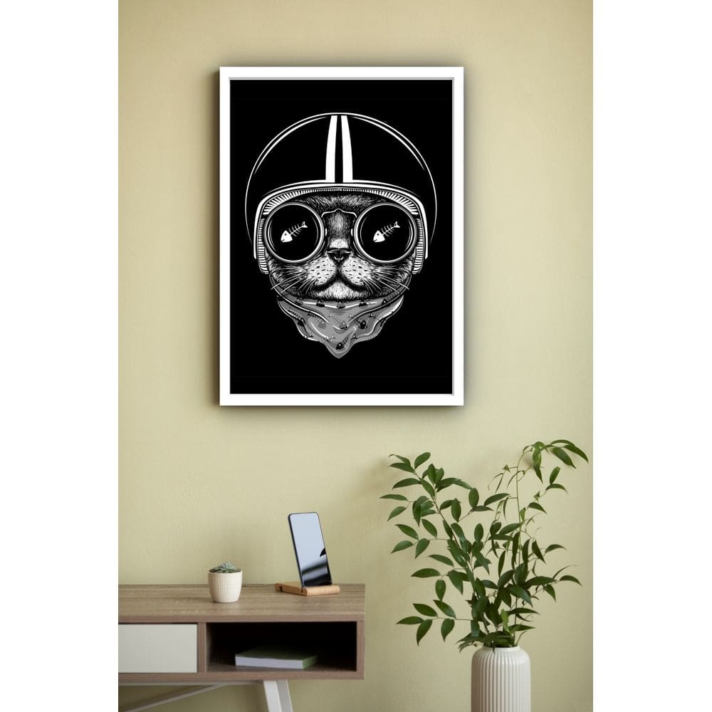 Quadro Decorativo Gato Motoqueiro P&B  - 70x50cm