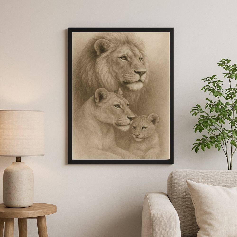Quadro Artístico Família De Leões Bege - 1 Filhote 24x18cm