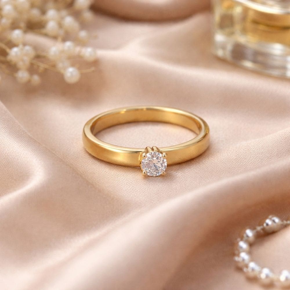 Anel Solitário Noivado Zircônia Dourado Delicado em Aço Inox