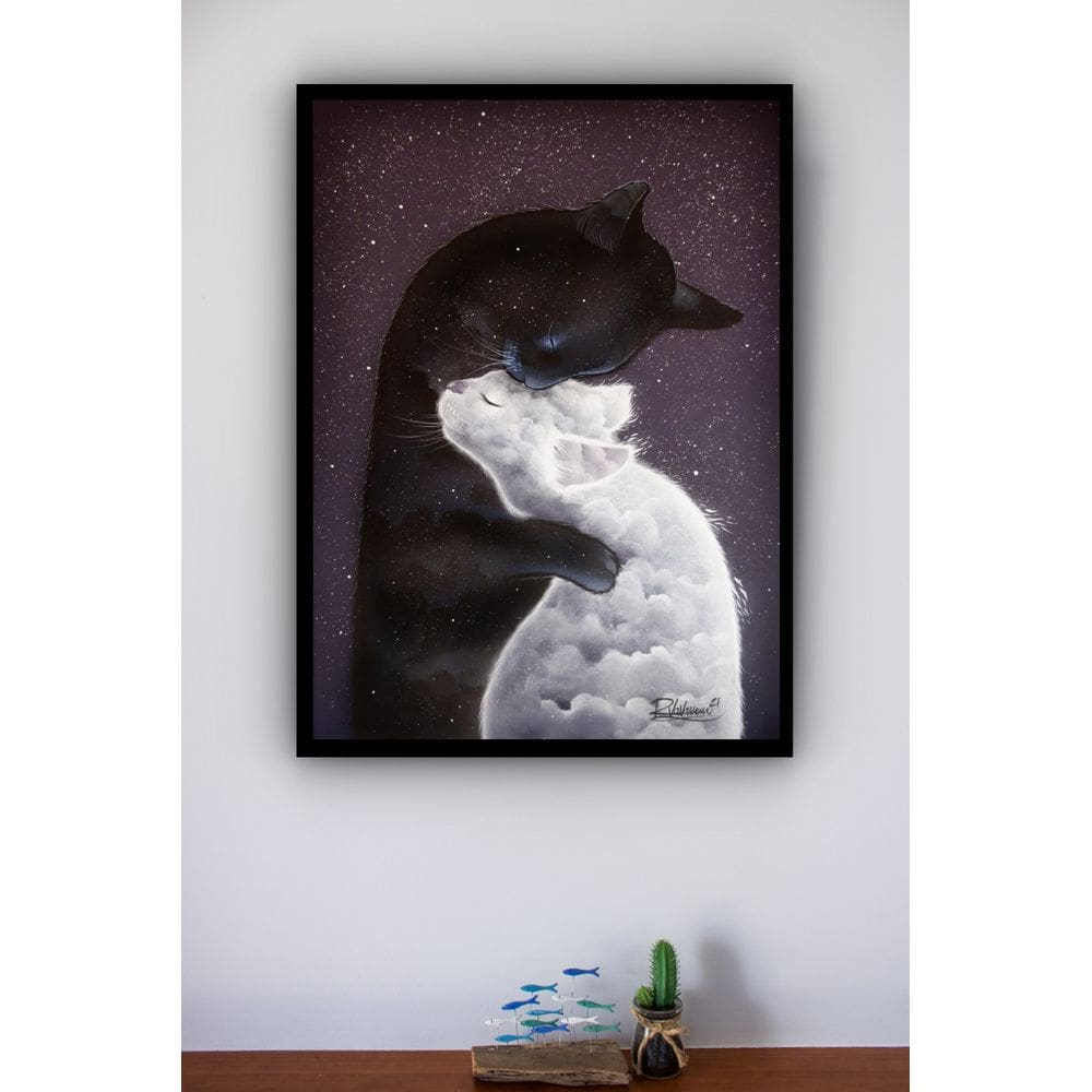 Quadro Decorativo Casal Gatos Galáxia e Nuvem - 70x50cm