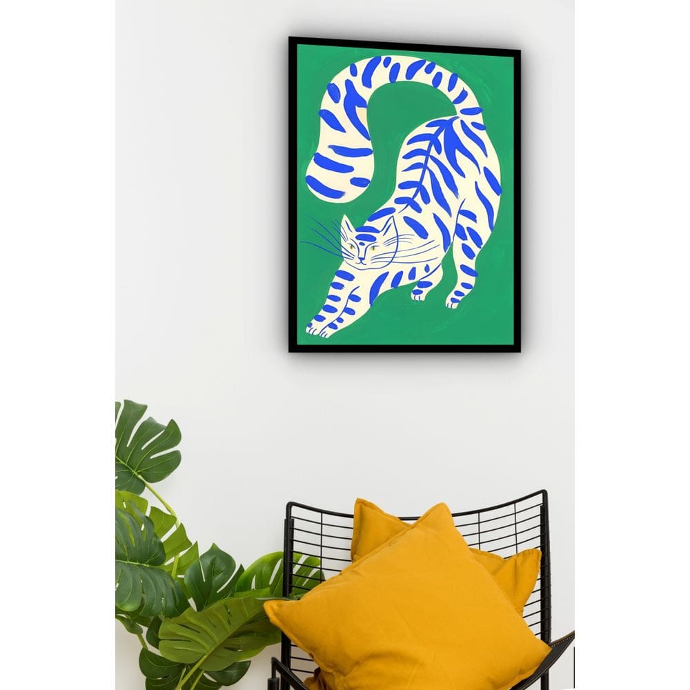 Quadro Decorativo Arte Gato Fundo Verde  - 70x50cm