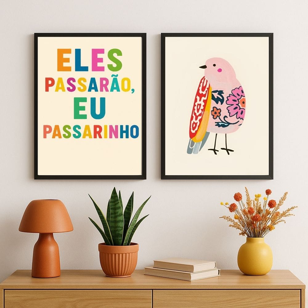 Kit 2 Quadros Eles Passarão Eu Passarinho 45x34cm