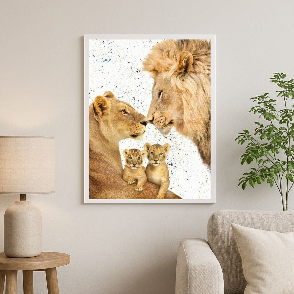 Quadro Família De Leões Aquarela Bege - 2 Filhotes 33x24cm