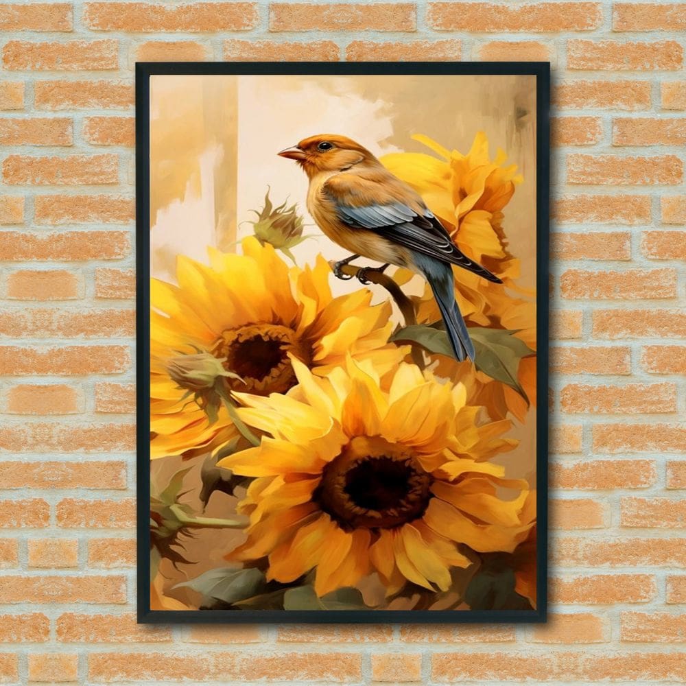 Quadro Decorativo Pássaro Filhote Girassóis  - 70x50cm