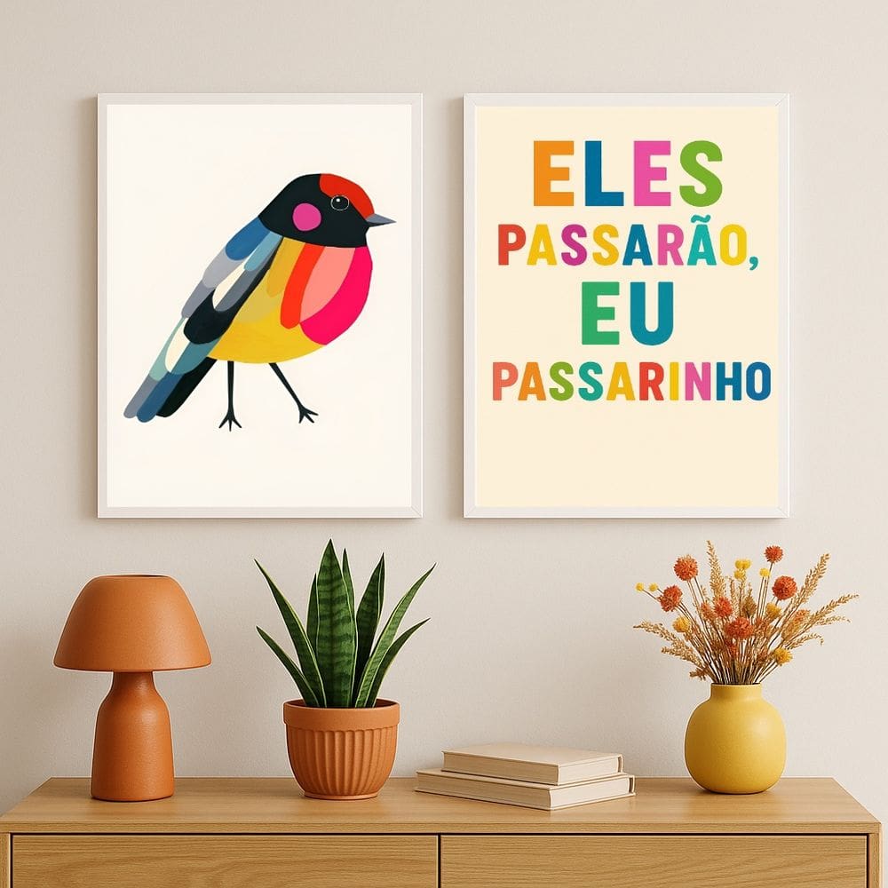 Kit 2 Quadros Decorativos Eles Passarão Eu Passarinho 33x24cm