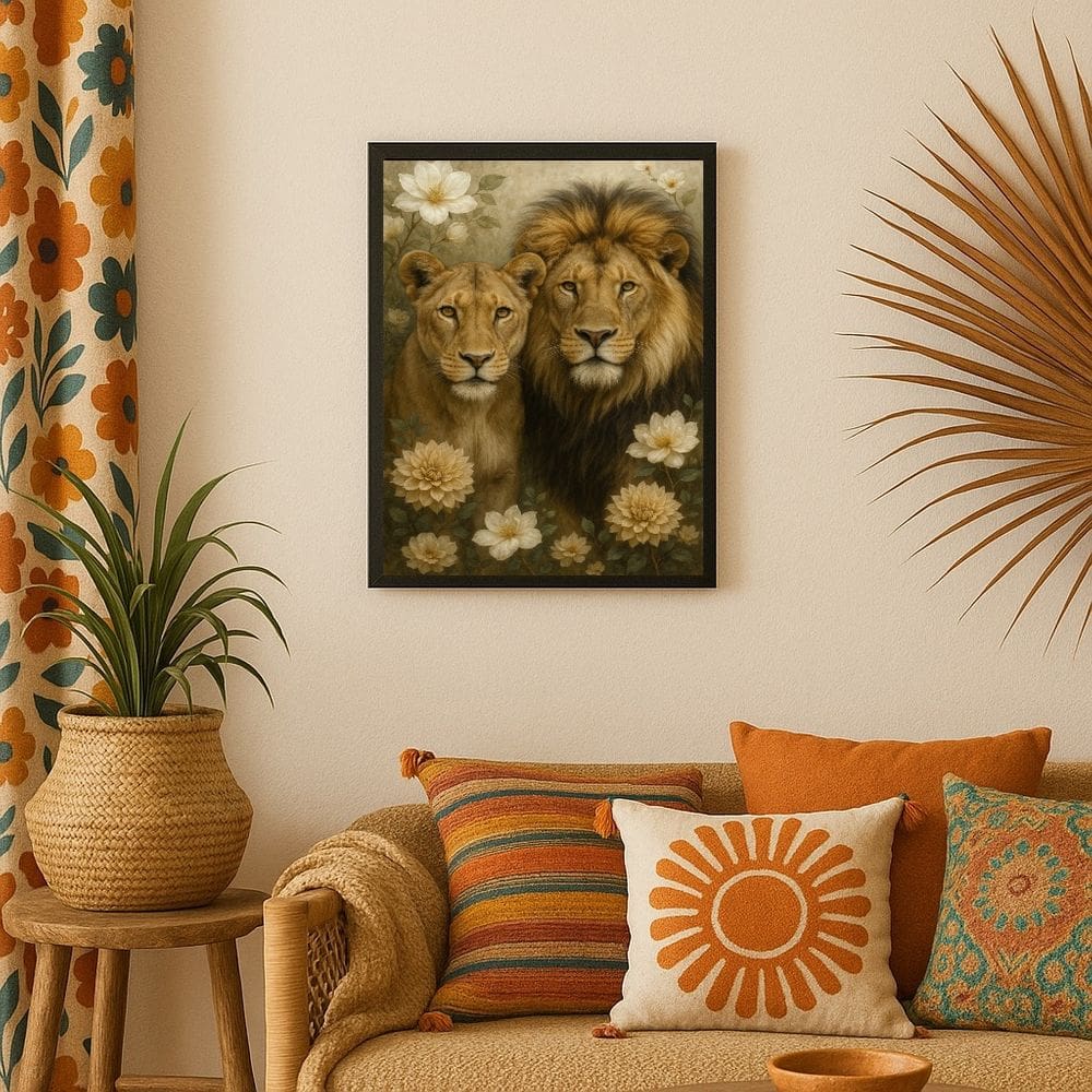 Quadro Arte Leão e Leoa Com Flores 24x18cm - com vidro