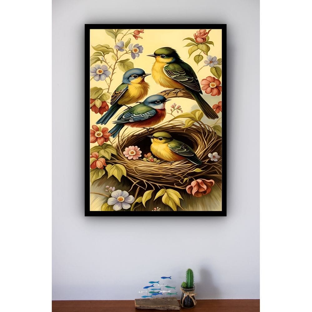 Quadro Decorativo Pássaros Ninho Flores  - 70x50cm