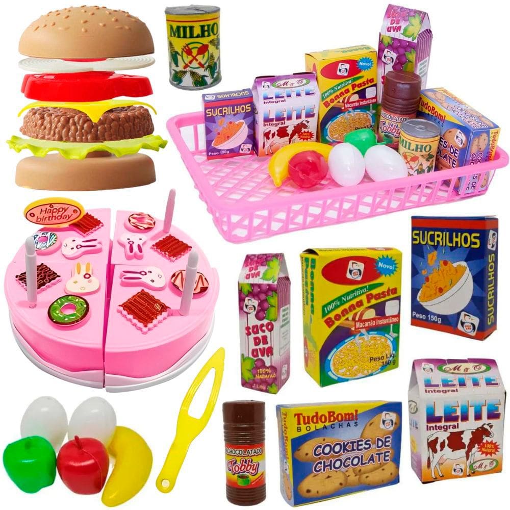 Kit Cozinha Infantil Educativa com Comidinhas Acessórios Bolo de Aniversário e Hamburguer - 29 Peças