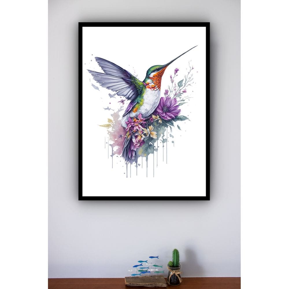 Quadro Decorativo Beija Flor Flores Lilás  - 70x50cm