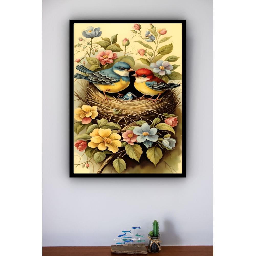 Quadro Decorativo Pássaros Ninho Filhote Flores - 70x50cm