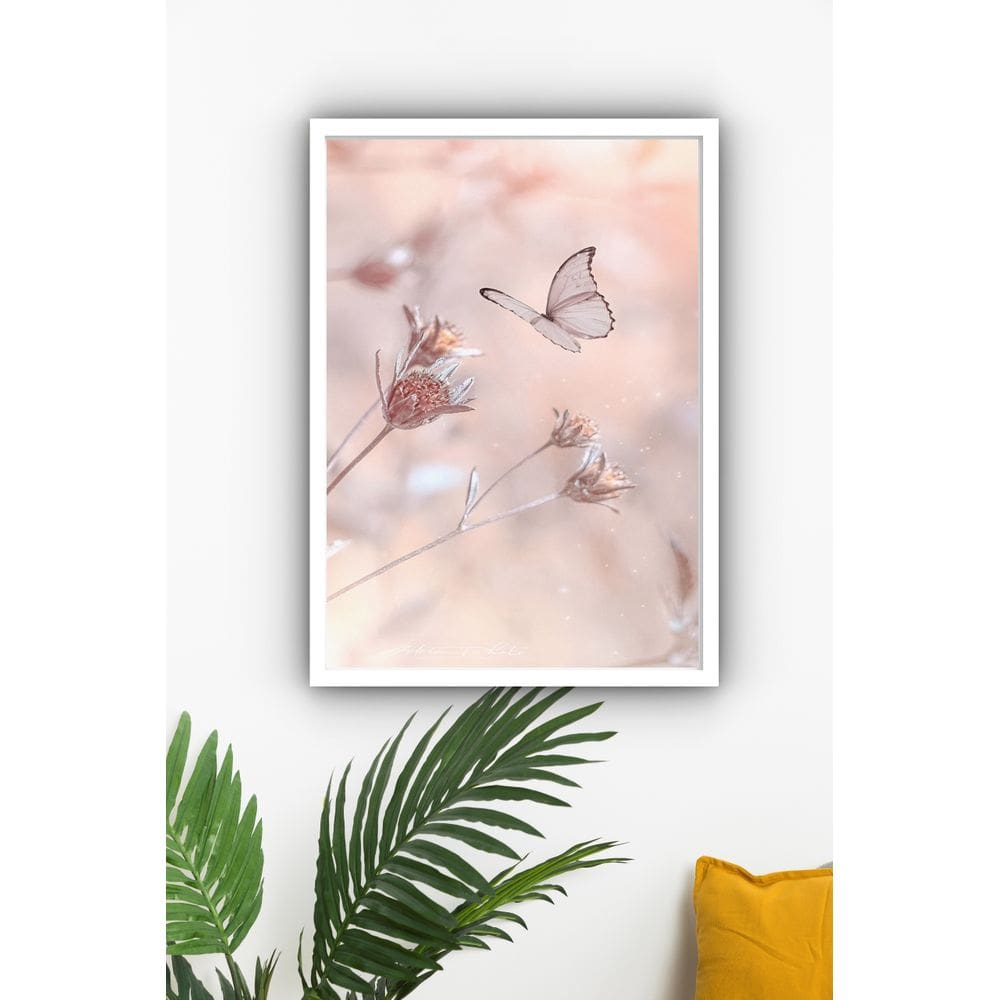 Quadro Decorativo Borboleta Flores Bege  - 70x50cm