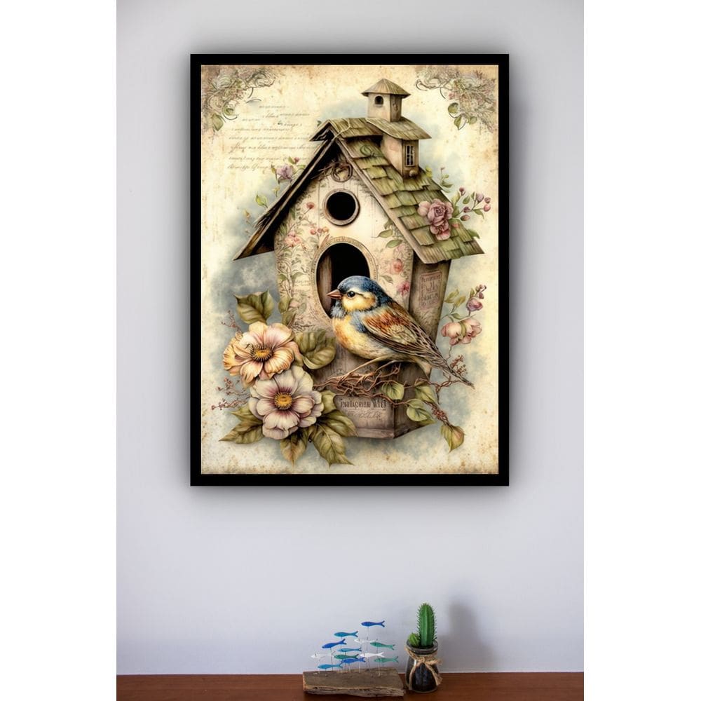 Quadro Decorativo Pássaro Casinha Vintage  - 70x50cm