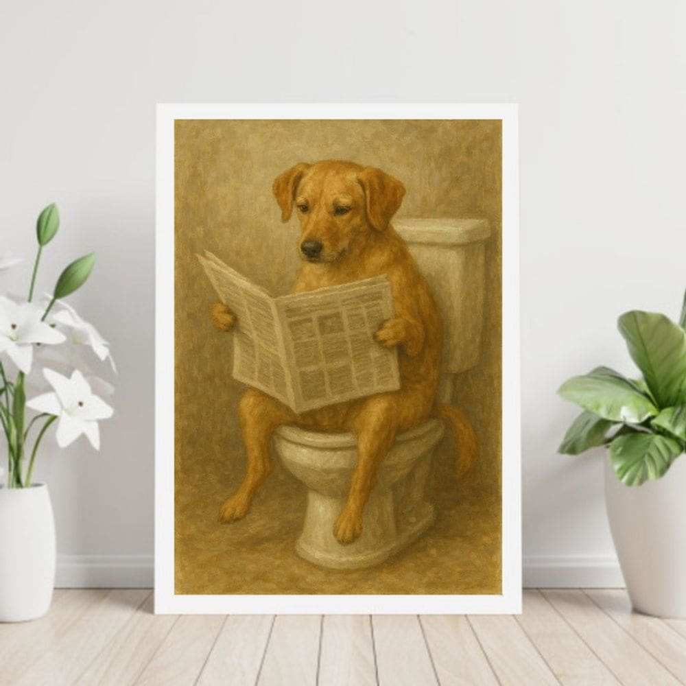 Quadro Cão Caramelo No Banheiro Lendo Jornal 33x24cm