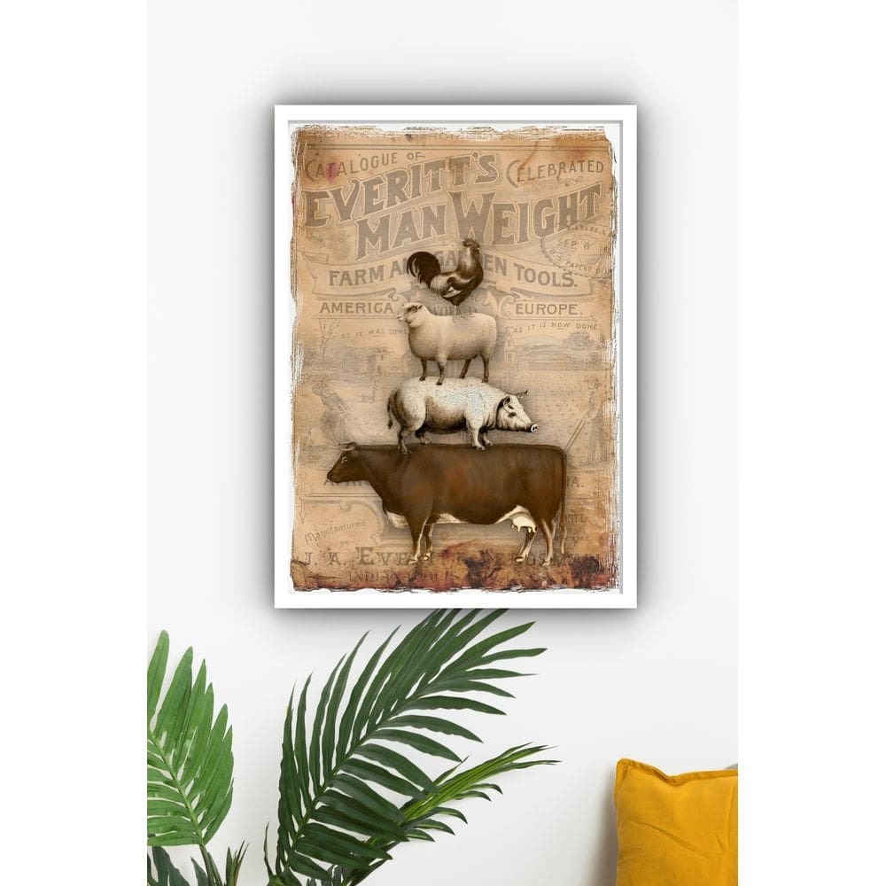 Quadro Decorativo Vintage Animais Fazenda  - 70x50cm