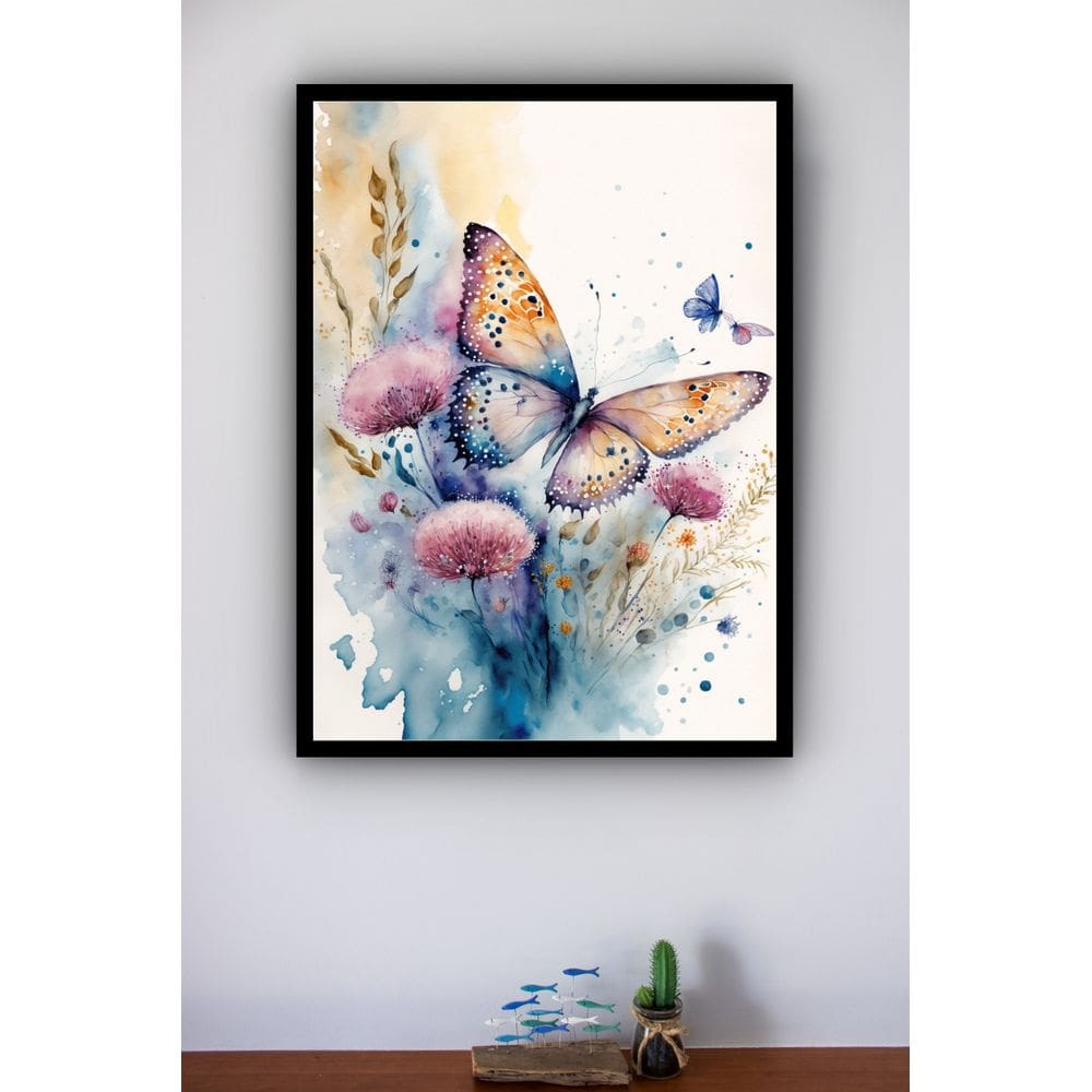 Quadro Decorativo Borboleta Flores Aquarela  - 70x50cm