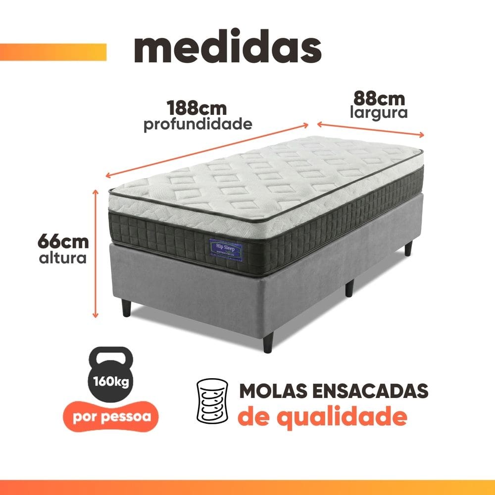 Cama Box Colchão Solteiro Molas Ensacadas Euro In Atlantic 88x188x66cm