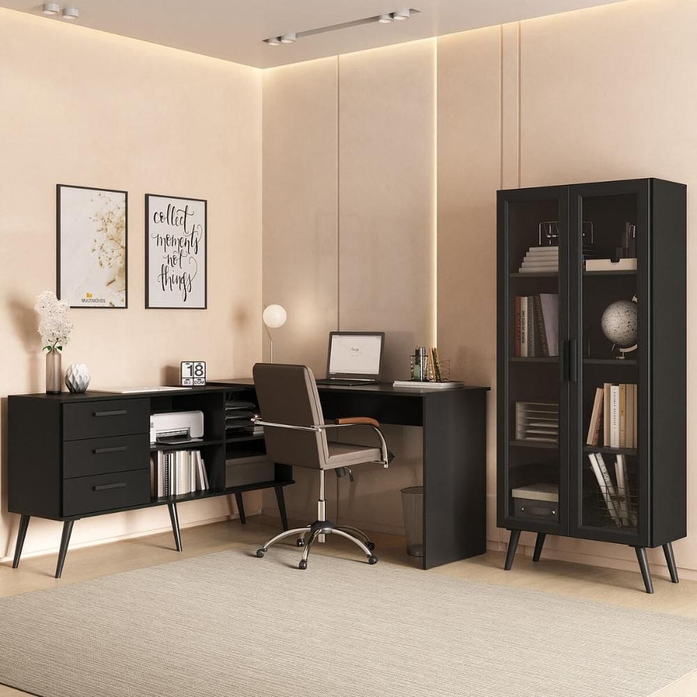 Kit 2 Peças Escrivaninha em L com 3 Gavetas e Armário Multiuso com Vidro Glass Multimóveis MP6049