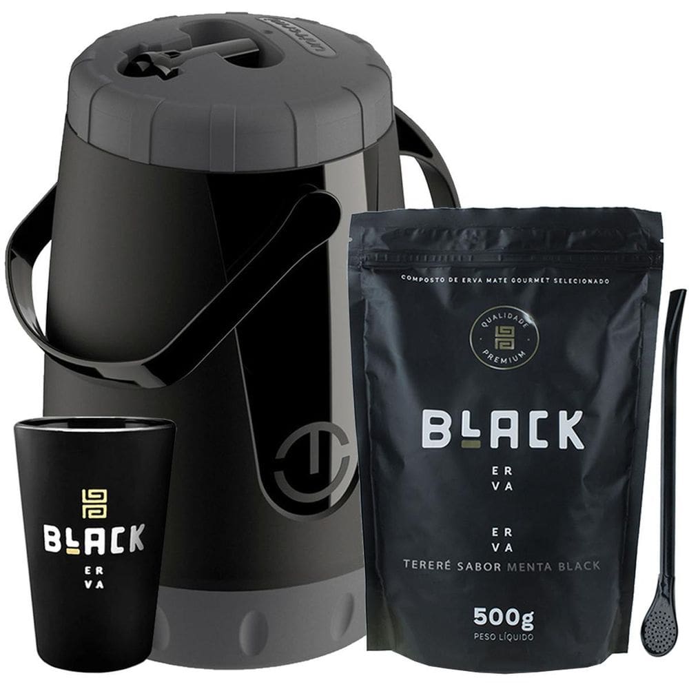 Kit Tereré Black Erva Garrafa Lisa Cuia E Erva Menta Black